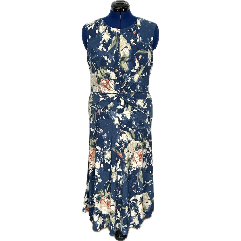 Lauren Ralph Lauren Floral Twist Front Midi Dress 16 Blue Sleeveless Wedding
